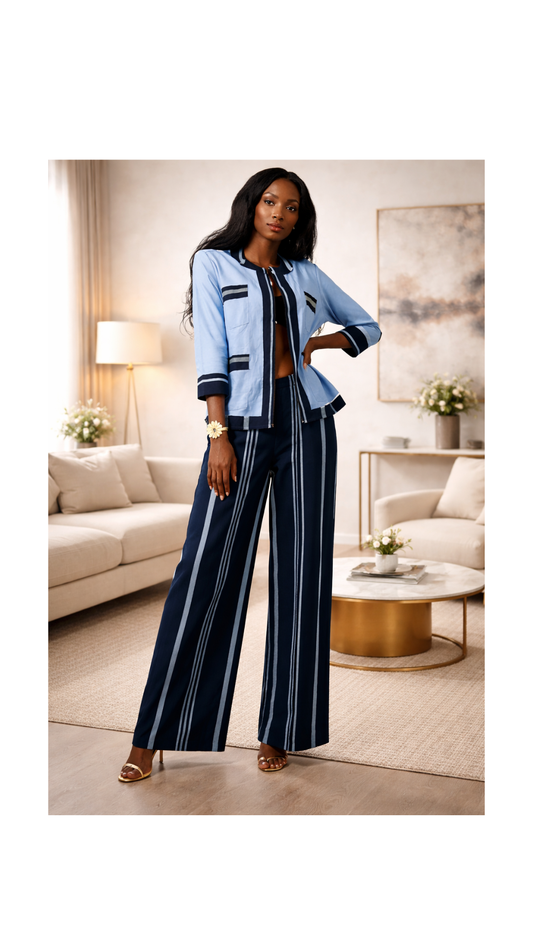 RG Stripe Aso Oke Co ord Top & Tailored Trousers in Sky Blue for Women