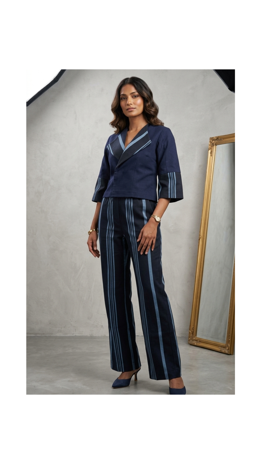 RG Cropped Blazar & Tailored Striped Trousers in Navy Blue for Women