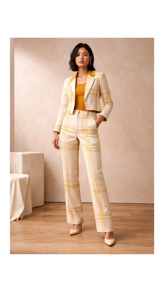 RG Aso-Oke Crop Blazar & Tailored Trouser in White & Gold for Women