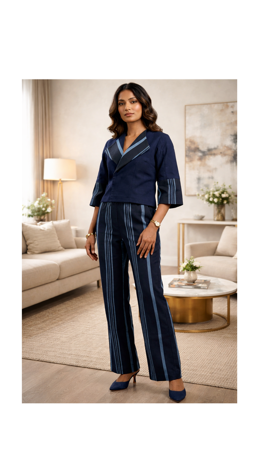 RG Cropped Blazar & Tailored Striped Trousers in Navy Blue for Women