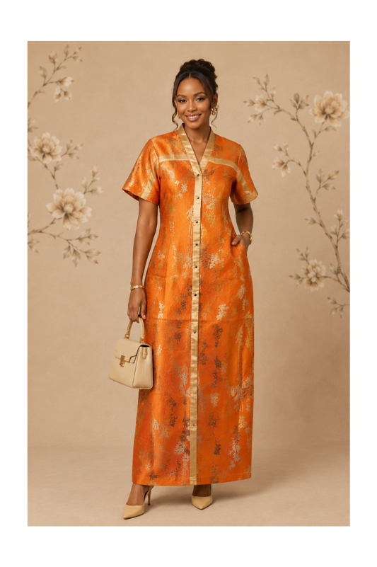 RG Metallic Floral Print Button-Front Kimono Dress | Luxury Kaftan