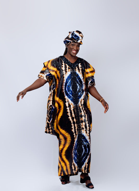 Adire Kaftan for parties with Scalloped batwing wing Boubou Dress
