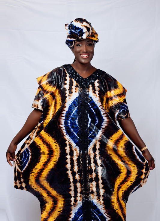Adire Kaftan for parties with Scalloped batwing wing Boubou Dress