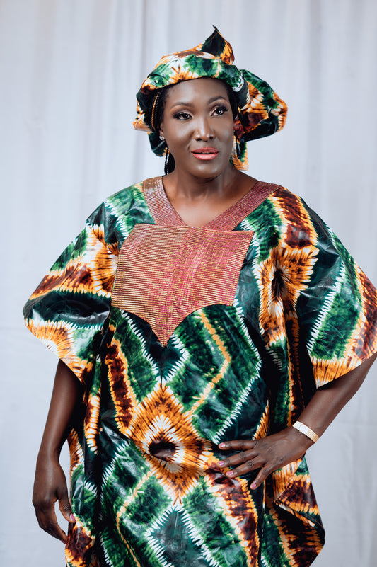 Ladies Agbada Metallic Aso Oke V-Neckline and Cape Sleeve