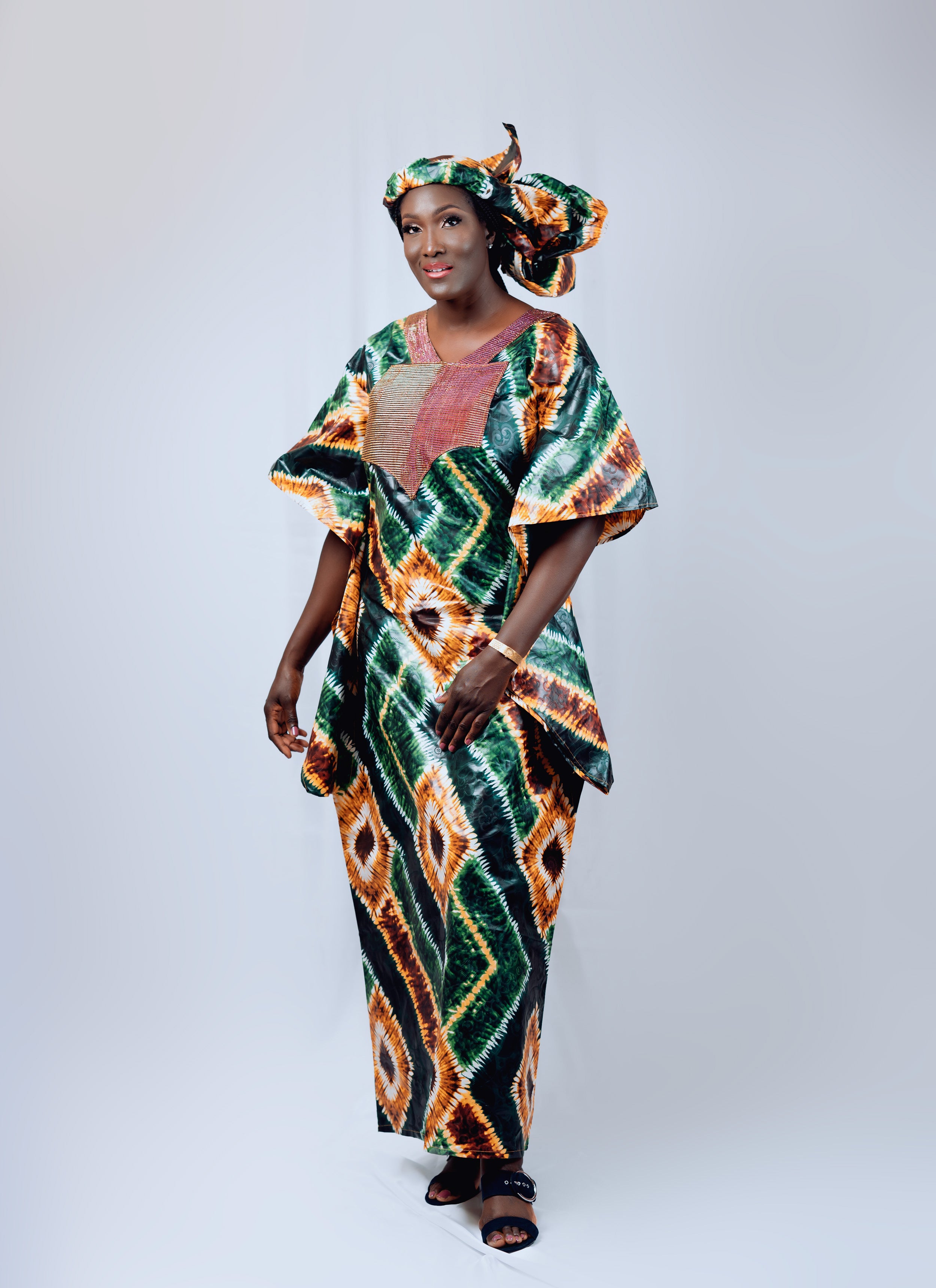 Ladies Agbada Metallic Aso Oke V-Neckline and Cape Sleeve