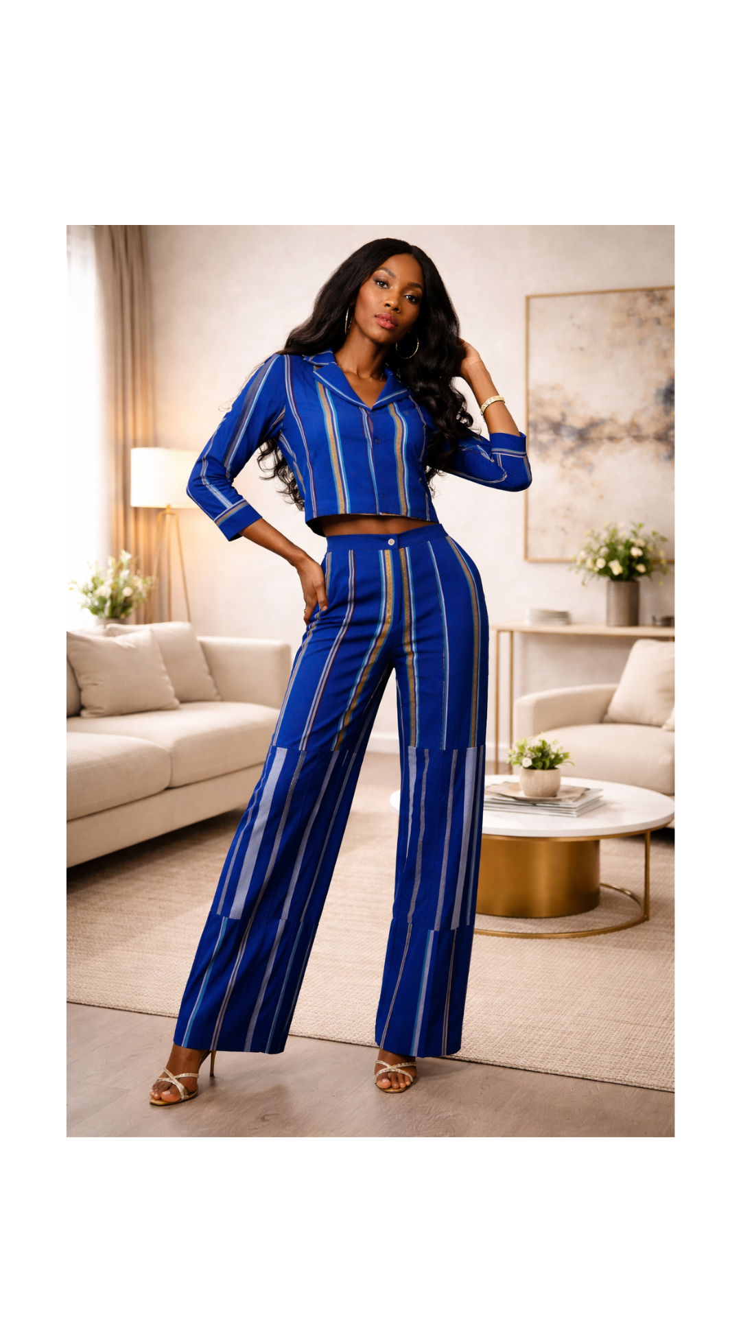 RG Aso Oke Cropped Blazar & Stripe Tailored Trouser in Royal Blue for Women