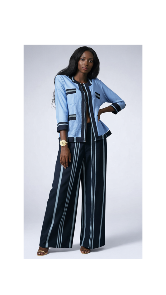 RG  Stripe Aso Oke Co ord Top & Tailored Trousers in Sky Blue for Women