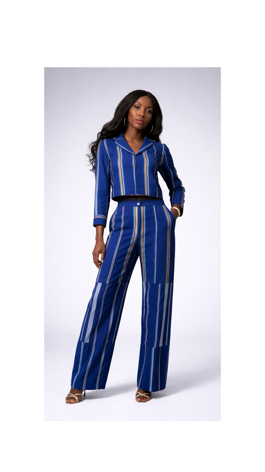 RG Aso Oke Cropped Blazar & Stripe Tailored Trouser in Royal Blue for Women