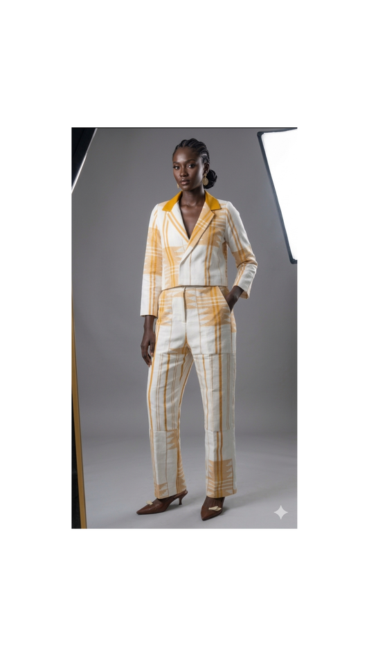 RG Aso-Oke Crop Blazar & Tailored Trouser in White & Gold for Women