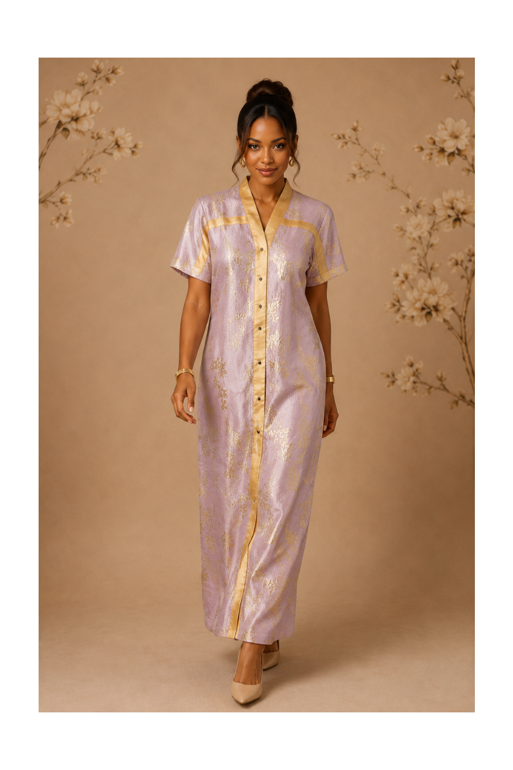 RG Metallic Floral Print Button-Front Kimono Dress | Luxury Kaftan