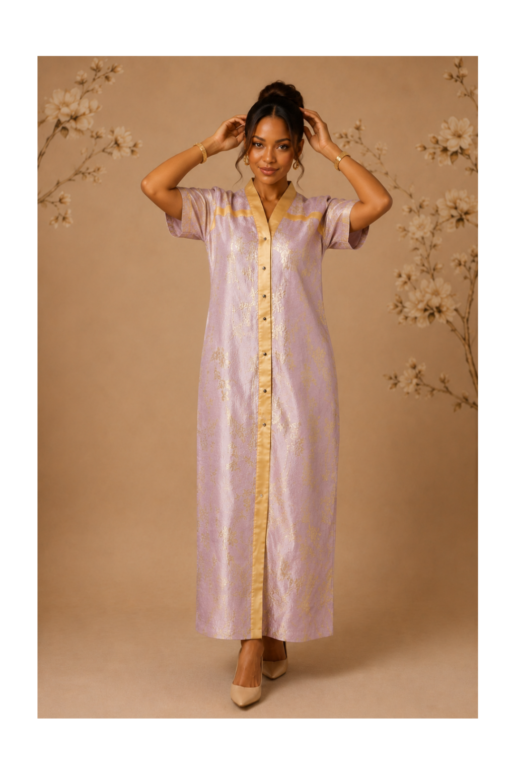 RG Metallic Floral Print Button-Front Kimono Dress | Luxury Kaftan