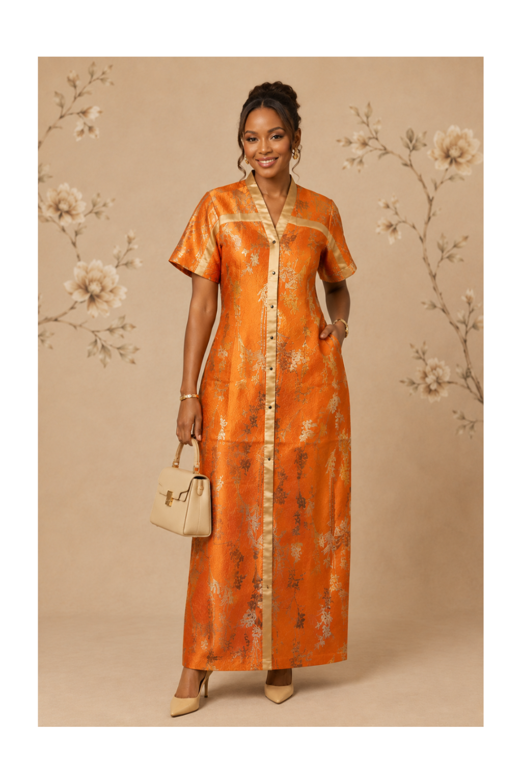 RG Metallic Floral Print Button-Front Kimono Dress | Luxury Kaftan