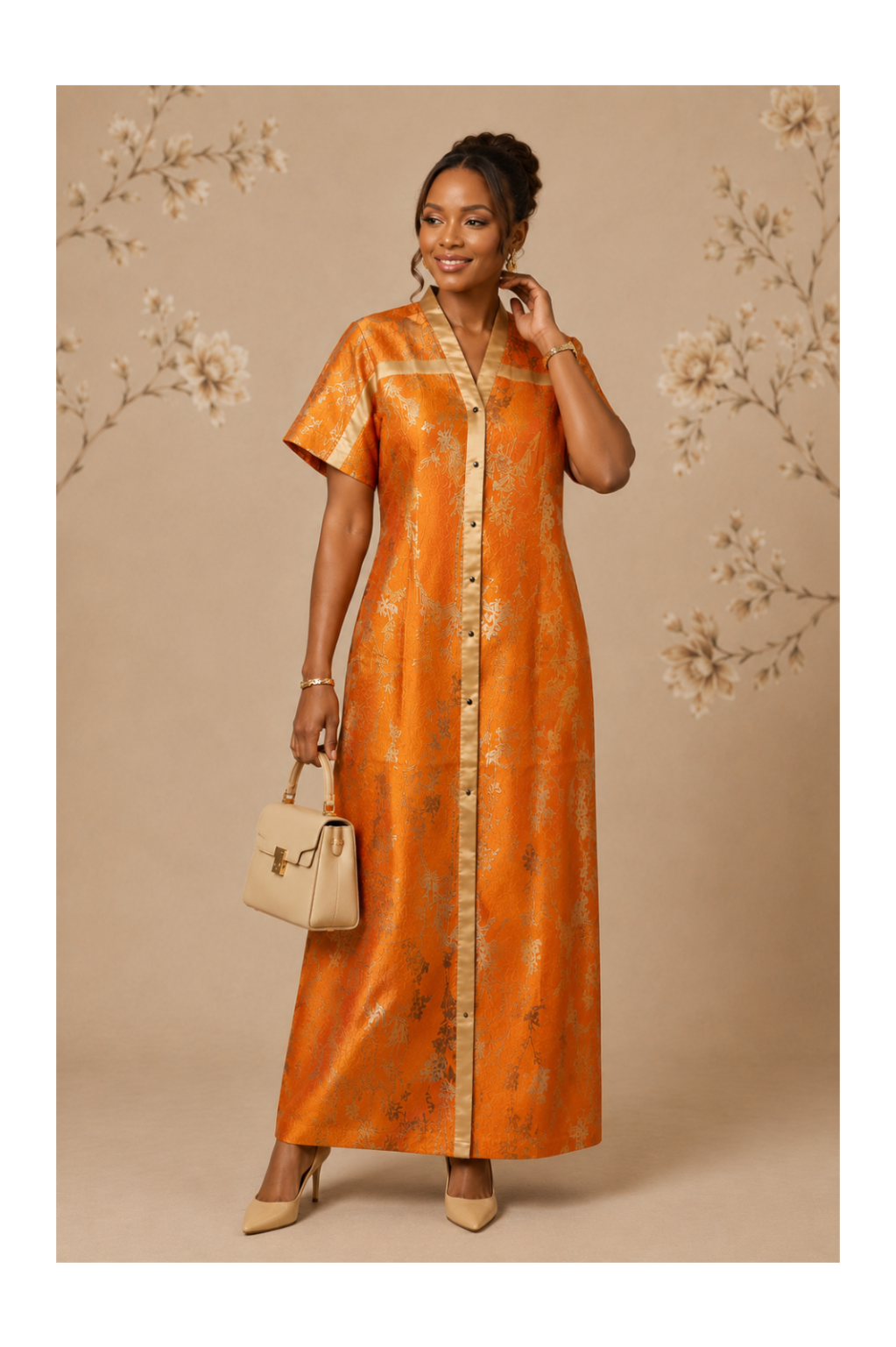 RG Metallic Floral Print Button-Front Kimono Dress | Luxury Kaftan