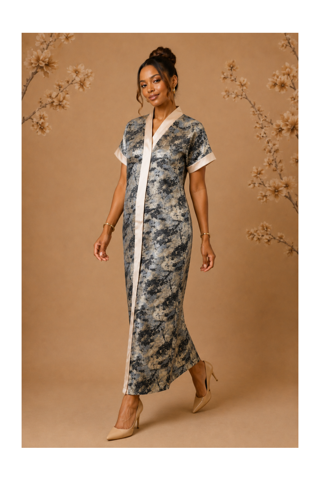 RG Metallic Floral Print Button-Front Kimono Dress | Luxury Kaftan