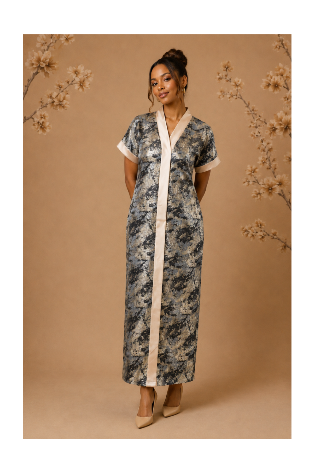 RG Metallic Floral Print Button-Front Kimono Dress | Luxury Kaftan
