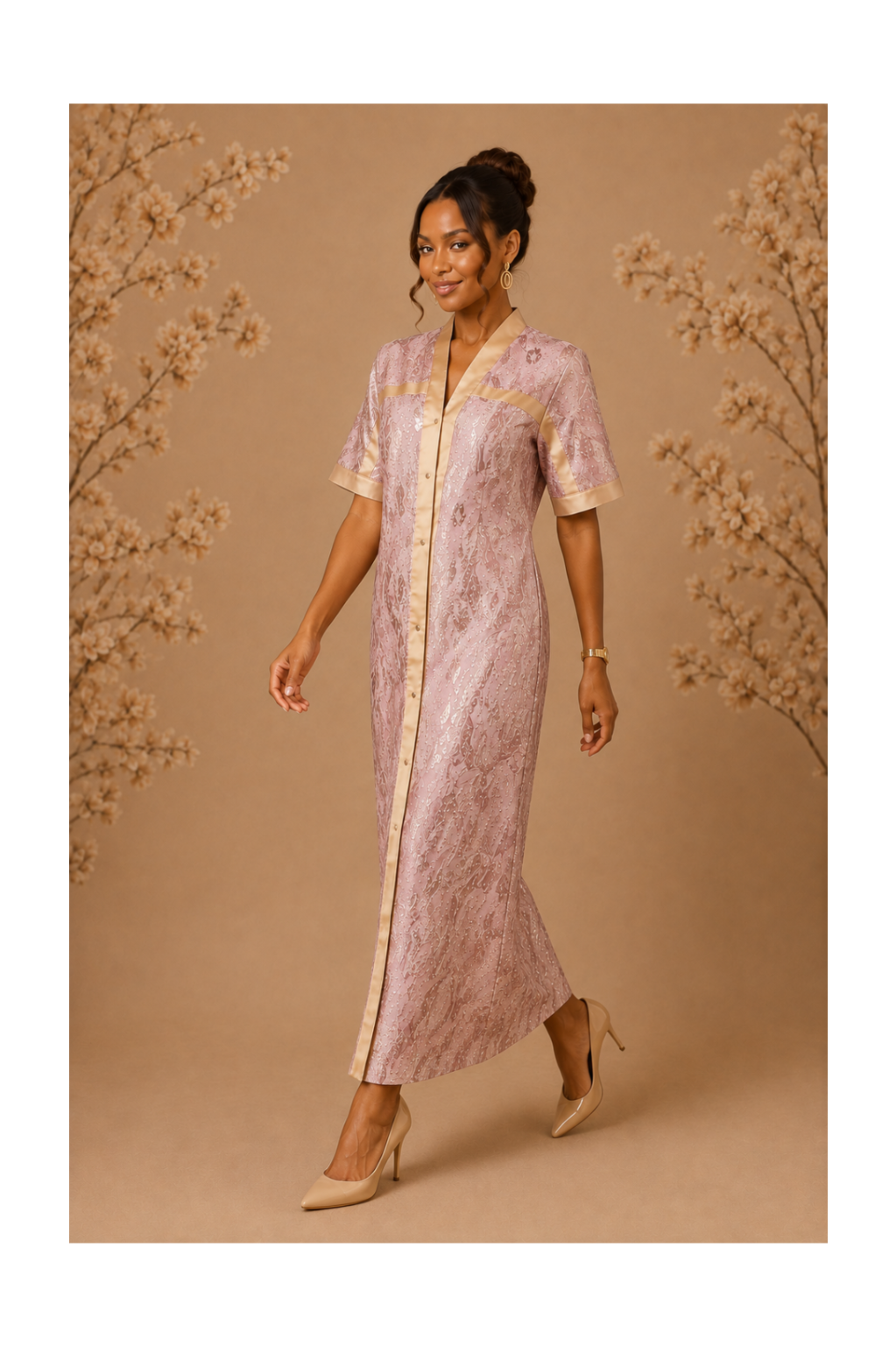 RG Metallic Floral Print Button-Front Kimono Dress | Luxury Kaftan