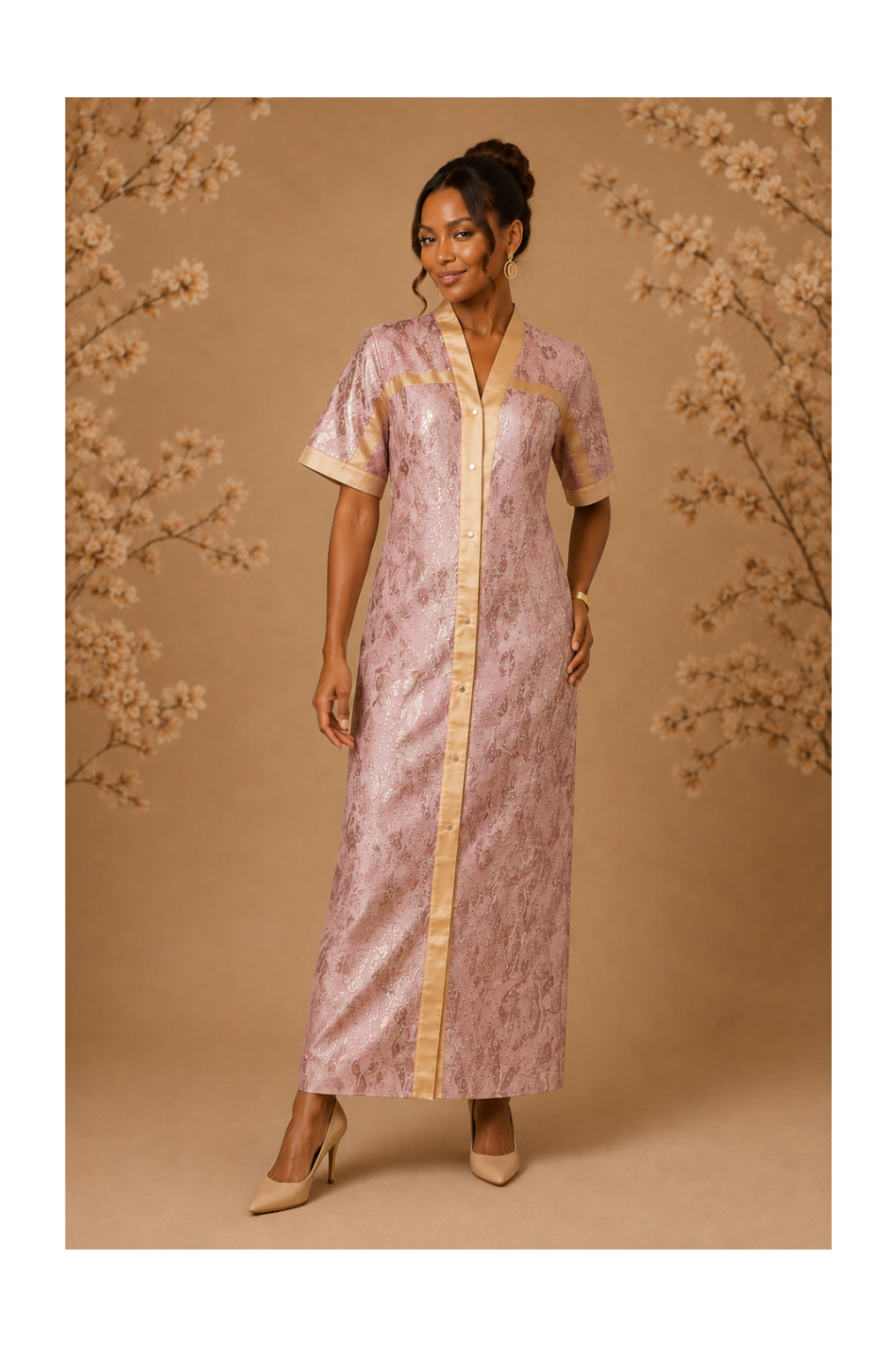 RG Metallic Floral Print Button-Front Kimono Dress | Luxury Kaftan