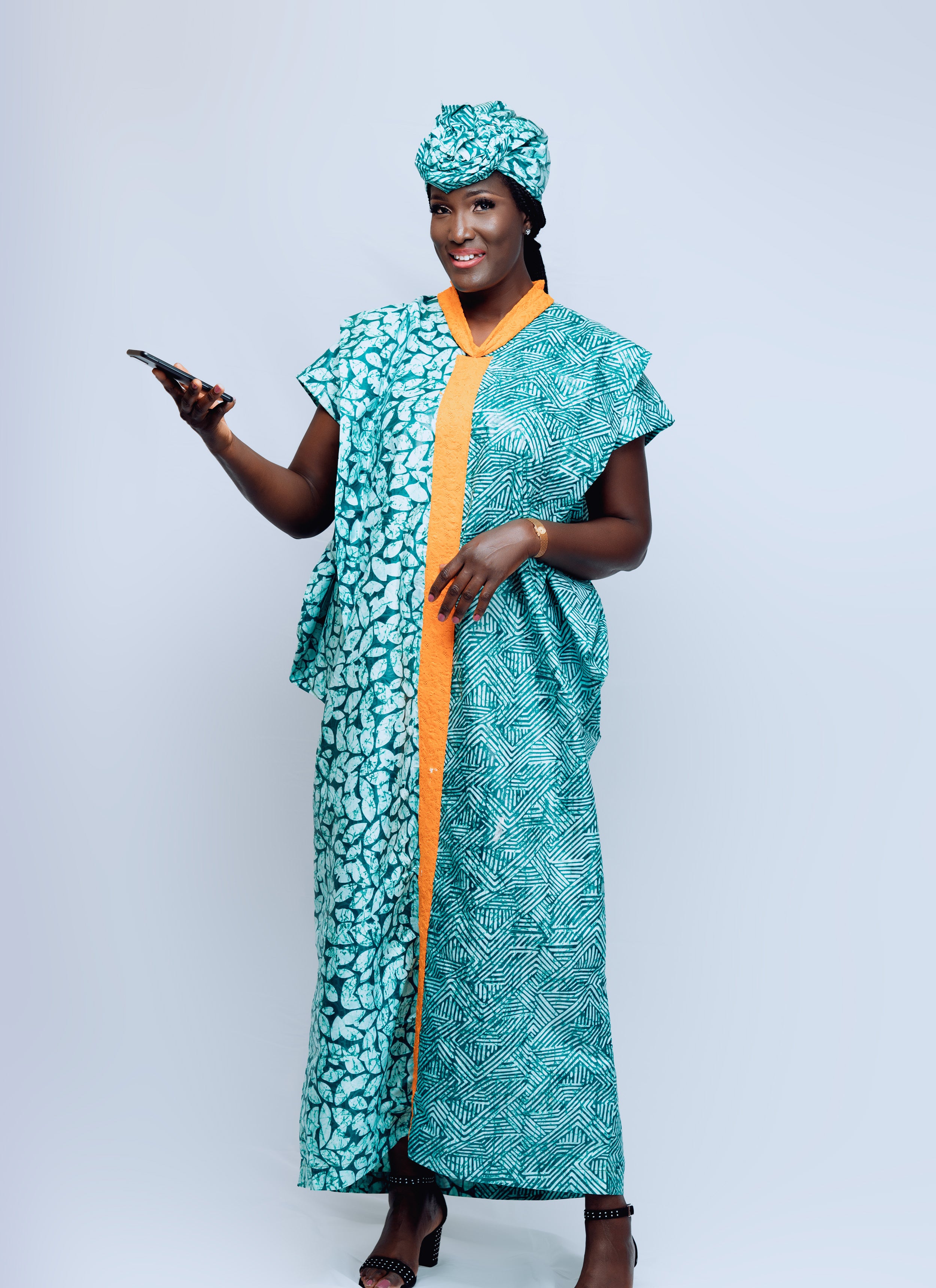 Tie & Dye Kaftan contrasting colours of lace trim and adire details boubou dress