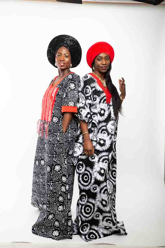 Mewa Long black and white Adire print ankara boubou