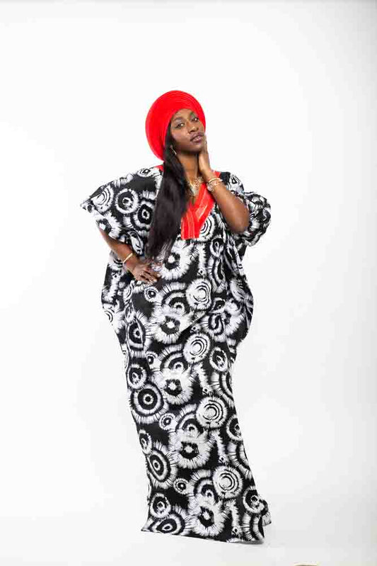 Mewa Long black and white Adire print ankara boubou