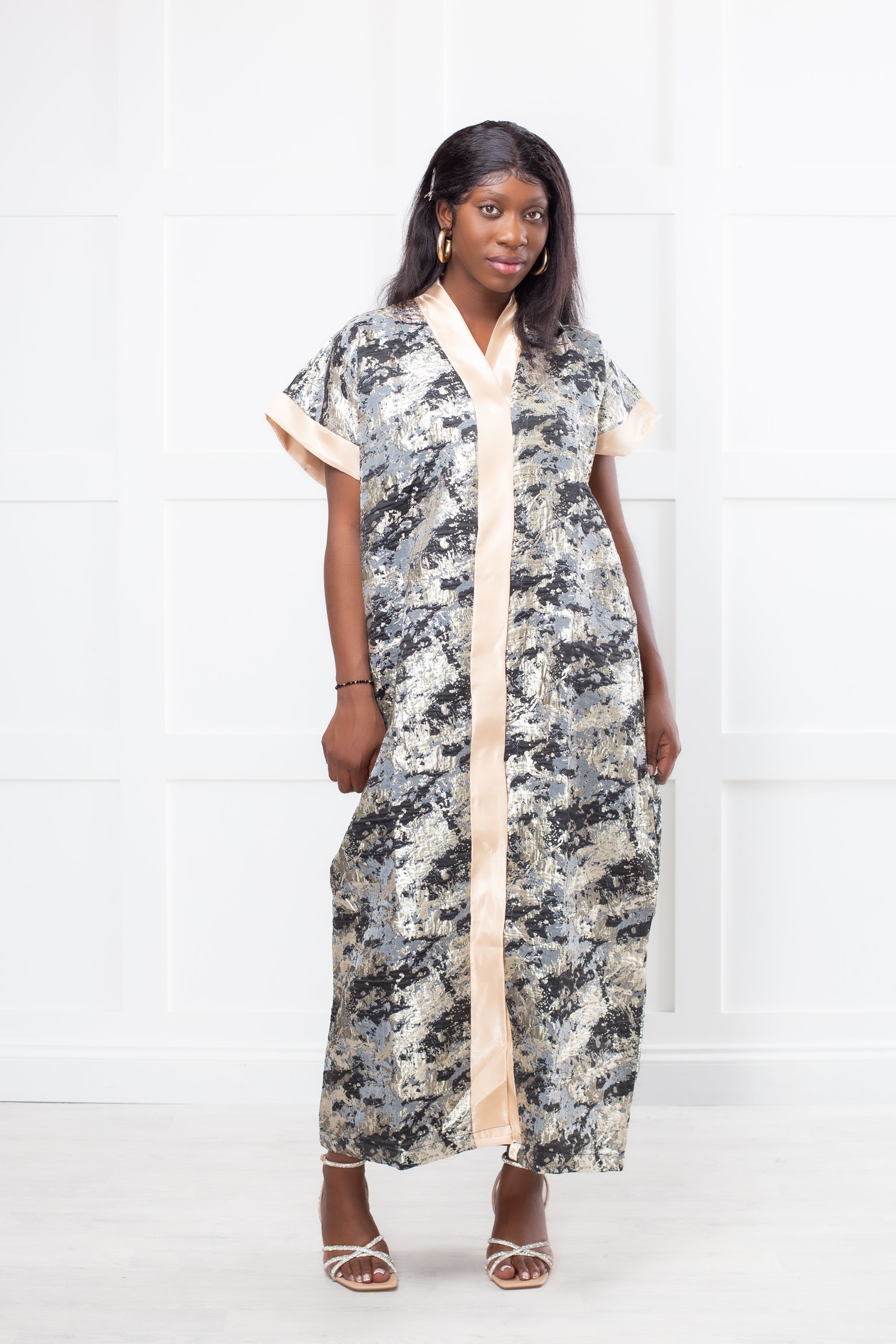 RG Metallic Floral Print Button-Front Kimono Dress | Luxury Kaftan
