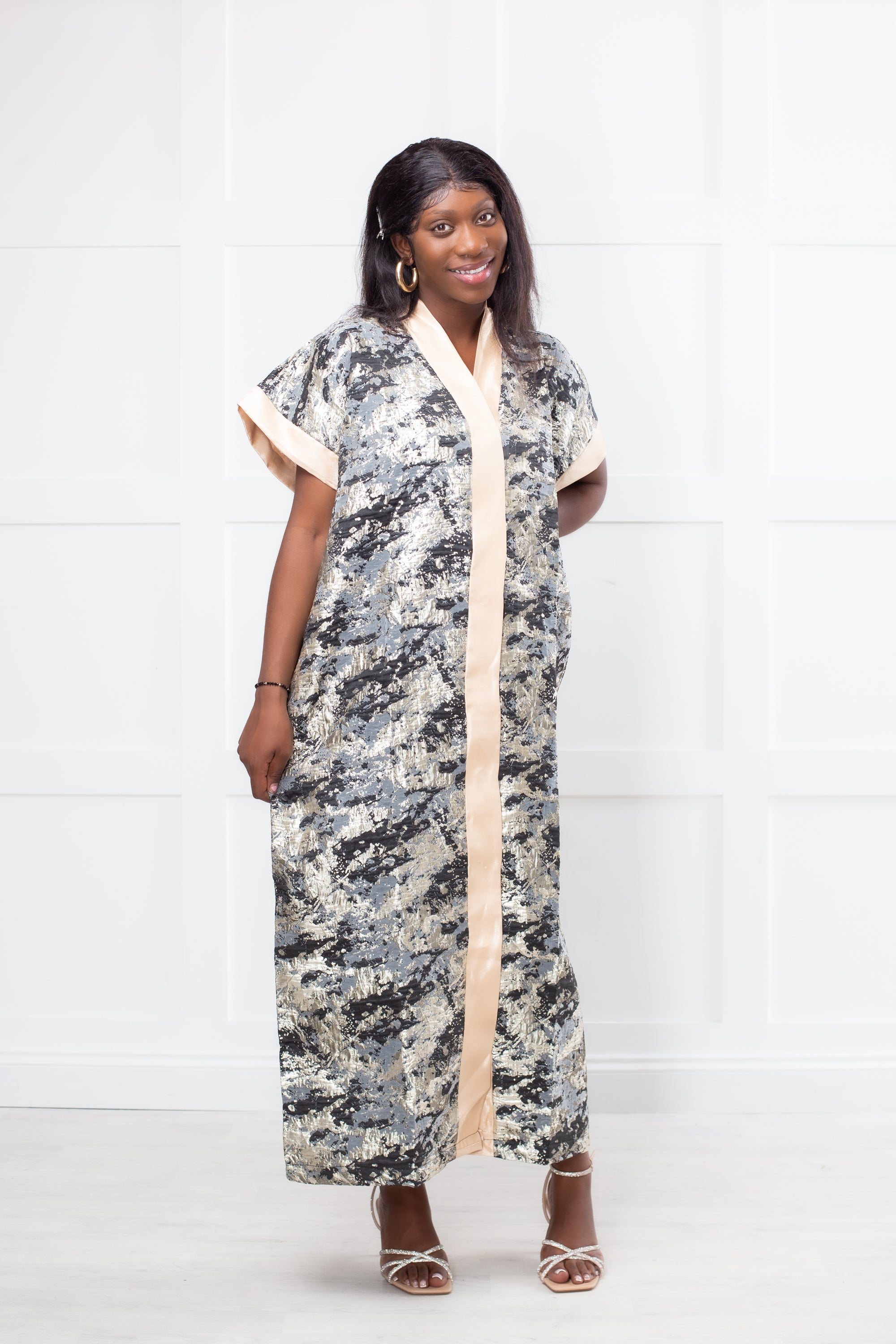 RG Metallic Floral Print Button-Front Kimono Dress | Luxury Kaftan