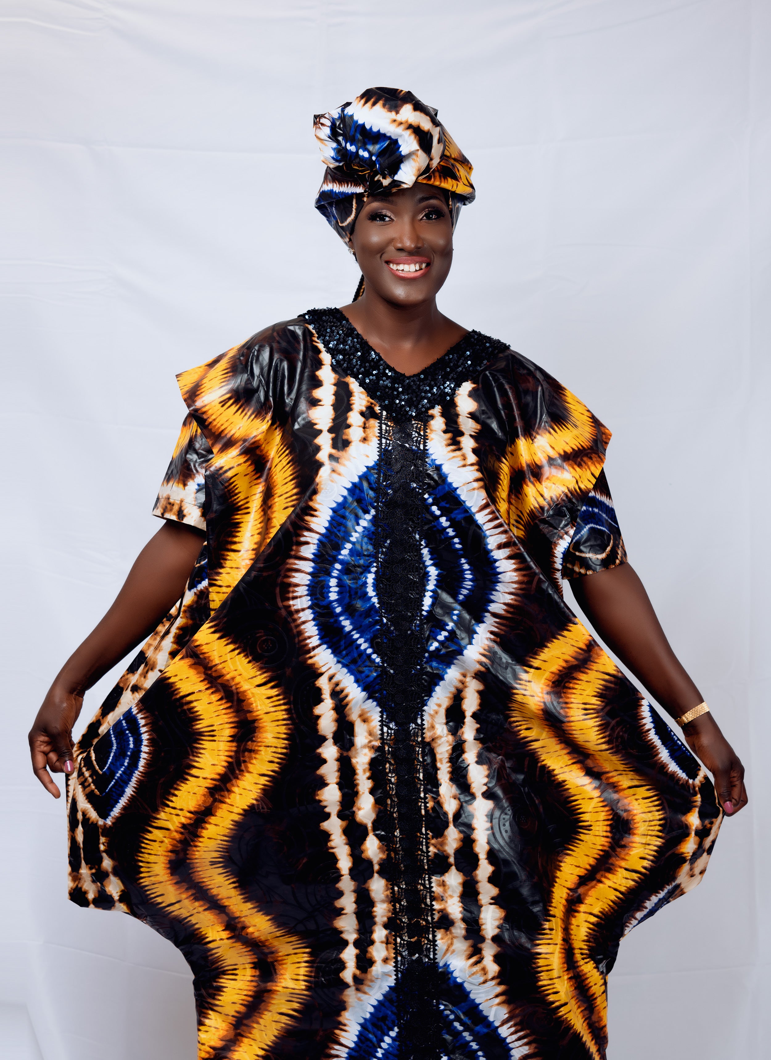 Adire Kaftan for parties with Scalloped batwing Boubou Dress