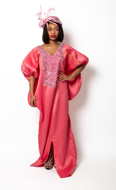 Pink African Kaftan/BouBou Luxury Dress African Fashion with Embelished Sequence Velvet Nape