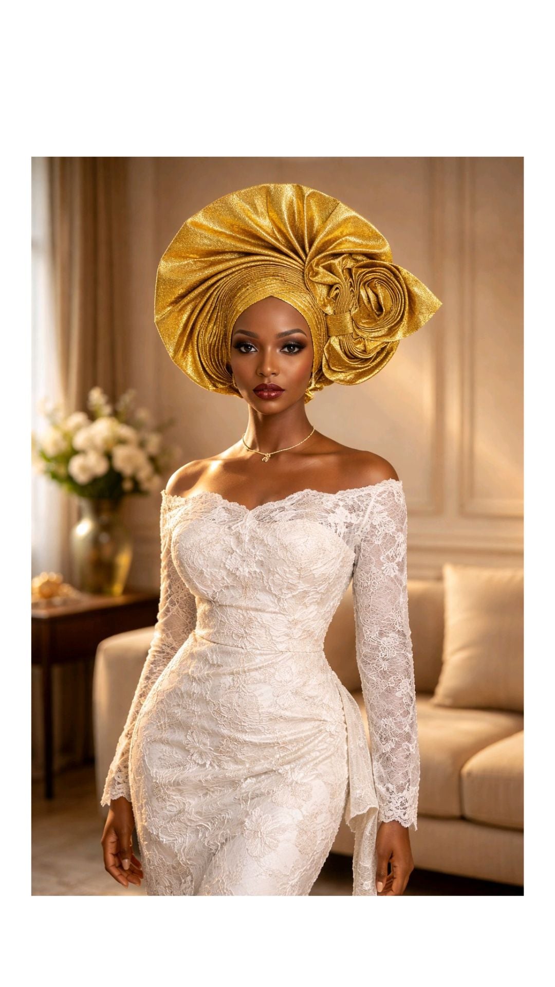 Golden Gold Gele Headtie: The Rosette Style