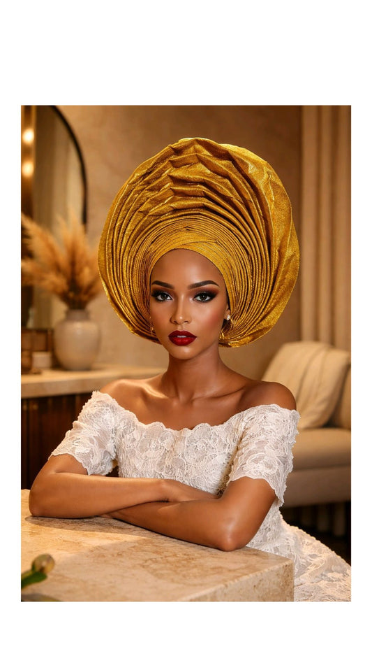 Golden Gold Gele Headtie: The Bridal Style