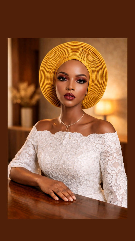 Golden Gold Gele Headtie: The Round Style
