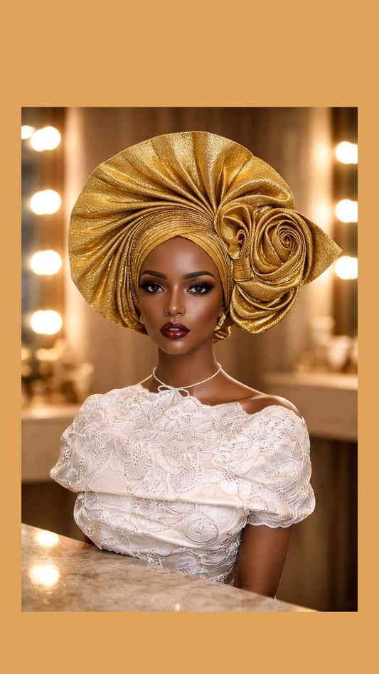 Golden Gold Gele Headtie: The Rosette Style